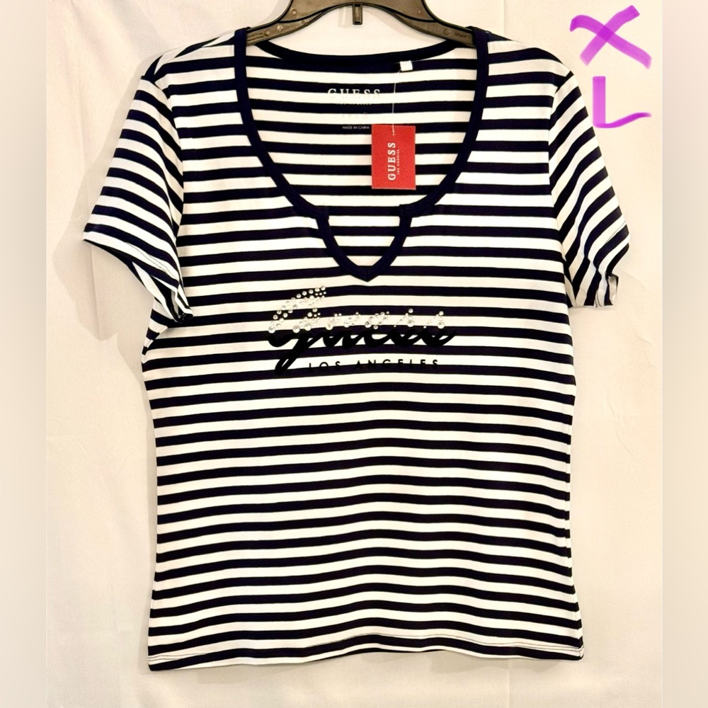 GUESS Women's Striped Black and White Tee